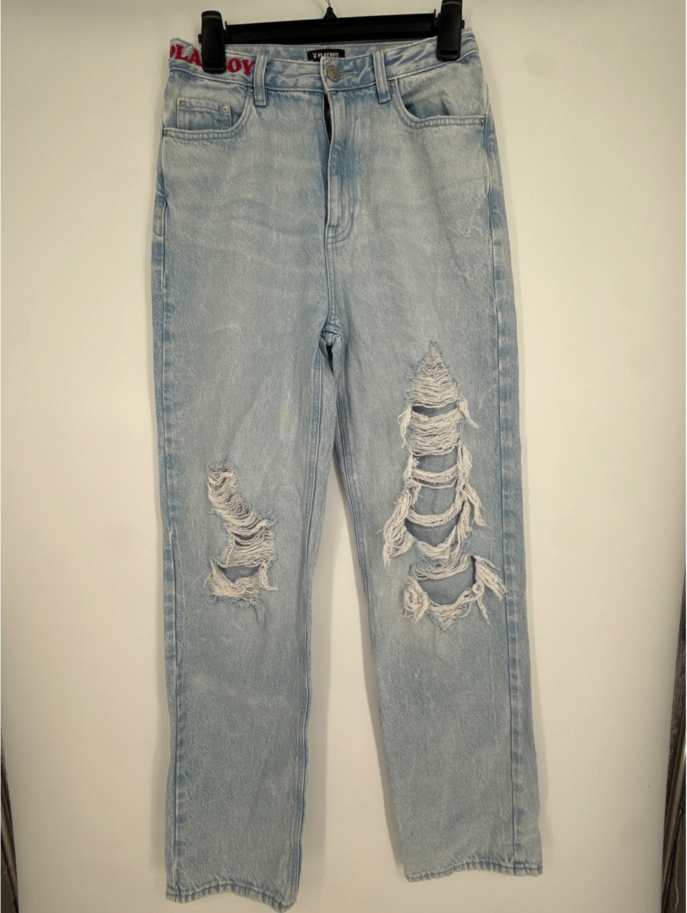 Playboy Light Wash Distressed Denim Jeans with Red Bunny Logo